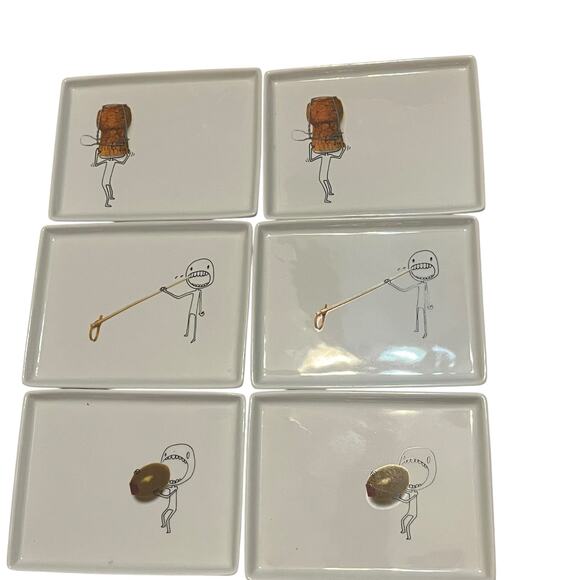 Crate & Barrel CB2 2009 Oliver Appetizer Plates Cork Olive Toothpick Set of 6 - Picture 2 of 4